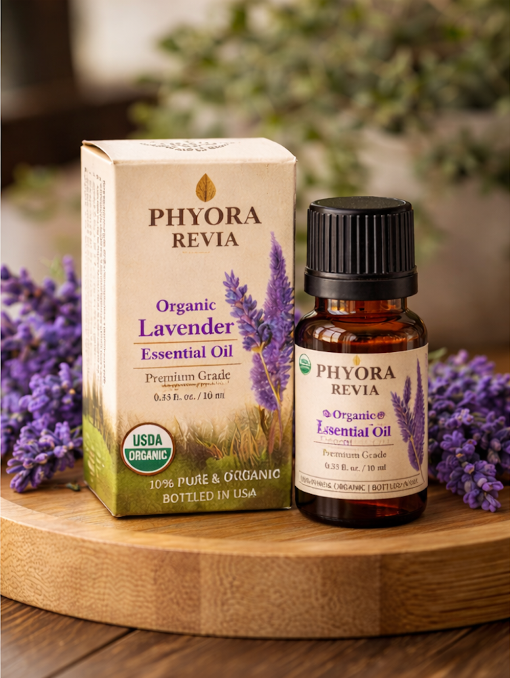 Phyora Revia Organic Lavender Essential Oil bottle and packaging on a wooden surface with lavender flowers.